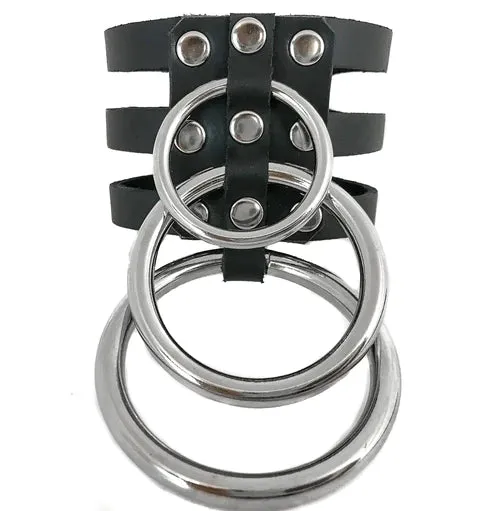 Black Leather Bracelet w/ 3 O Ring Split Detail