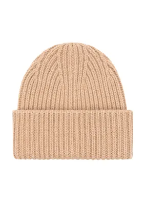 Cashmere thick rib beanie in Camel