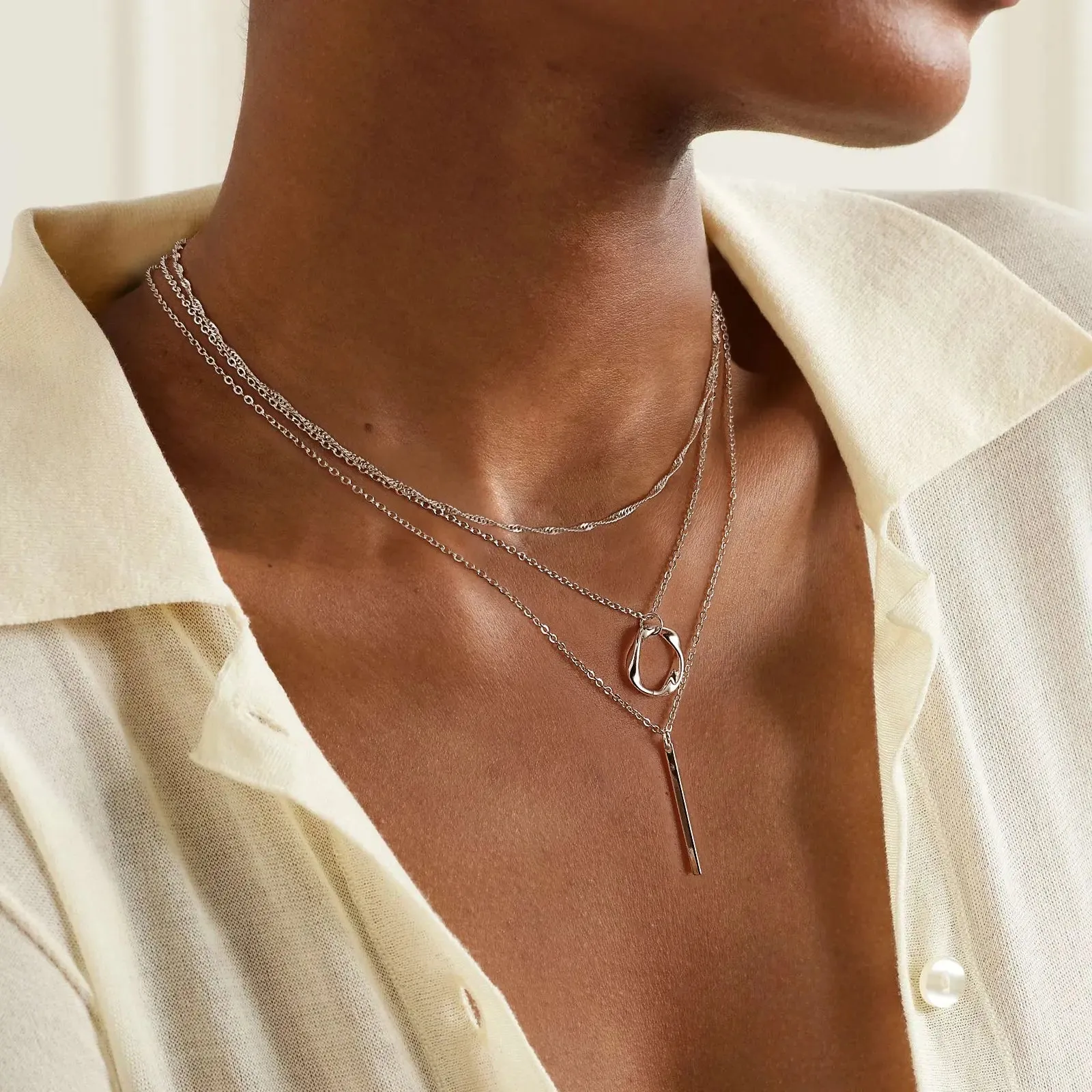 Dainty Layered Silver Pendant Necklaces