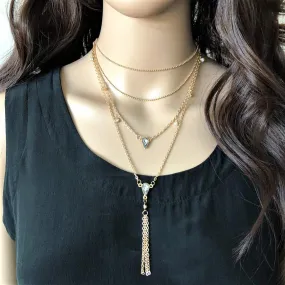 Gold Multi Layered Crystal and Tassel Necklace