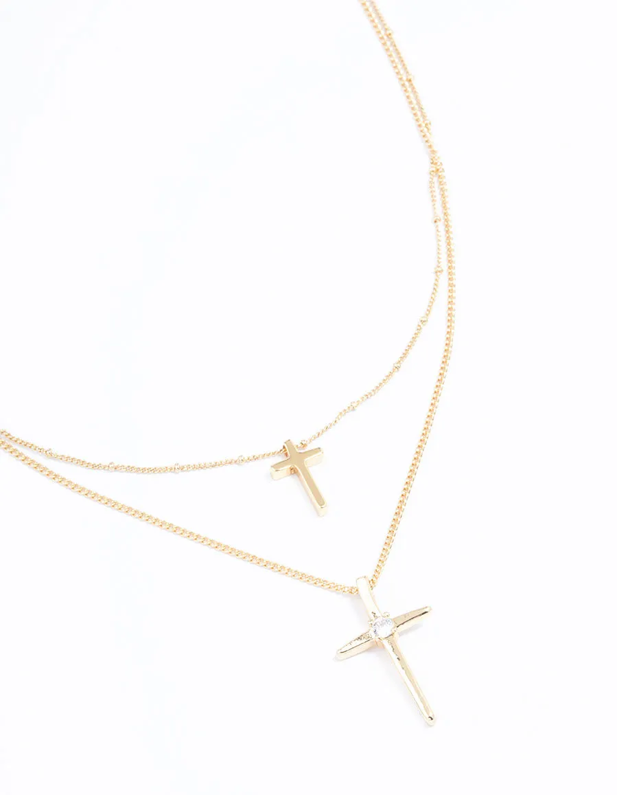 Gold Plated Layered Cross Necklace