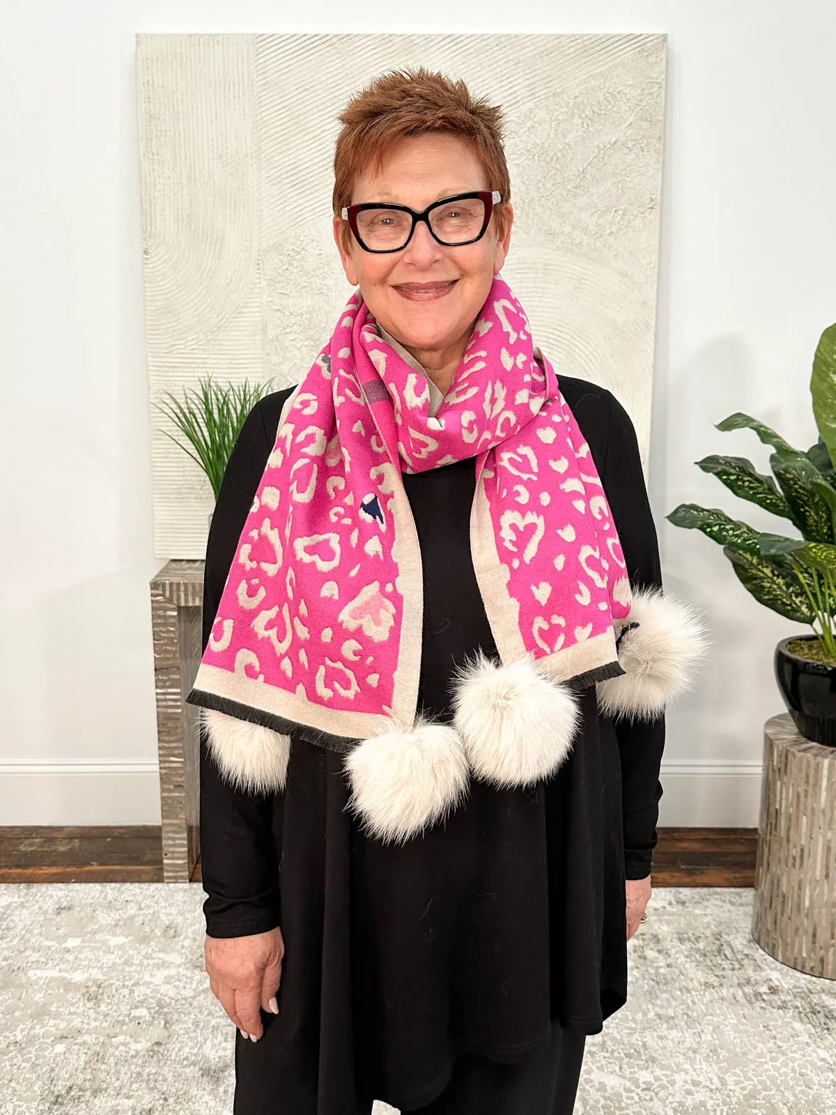 Heart Animal Pattern Scarf with Fur Pom Poms, Fuchsia/Ivory