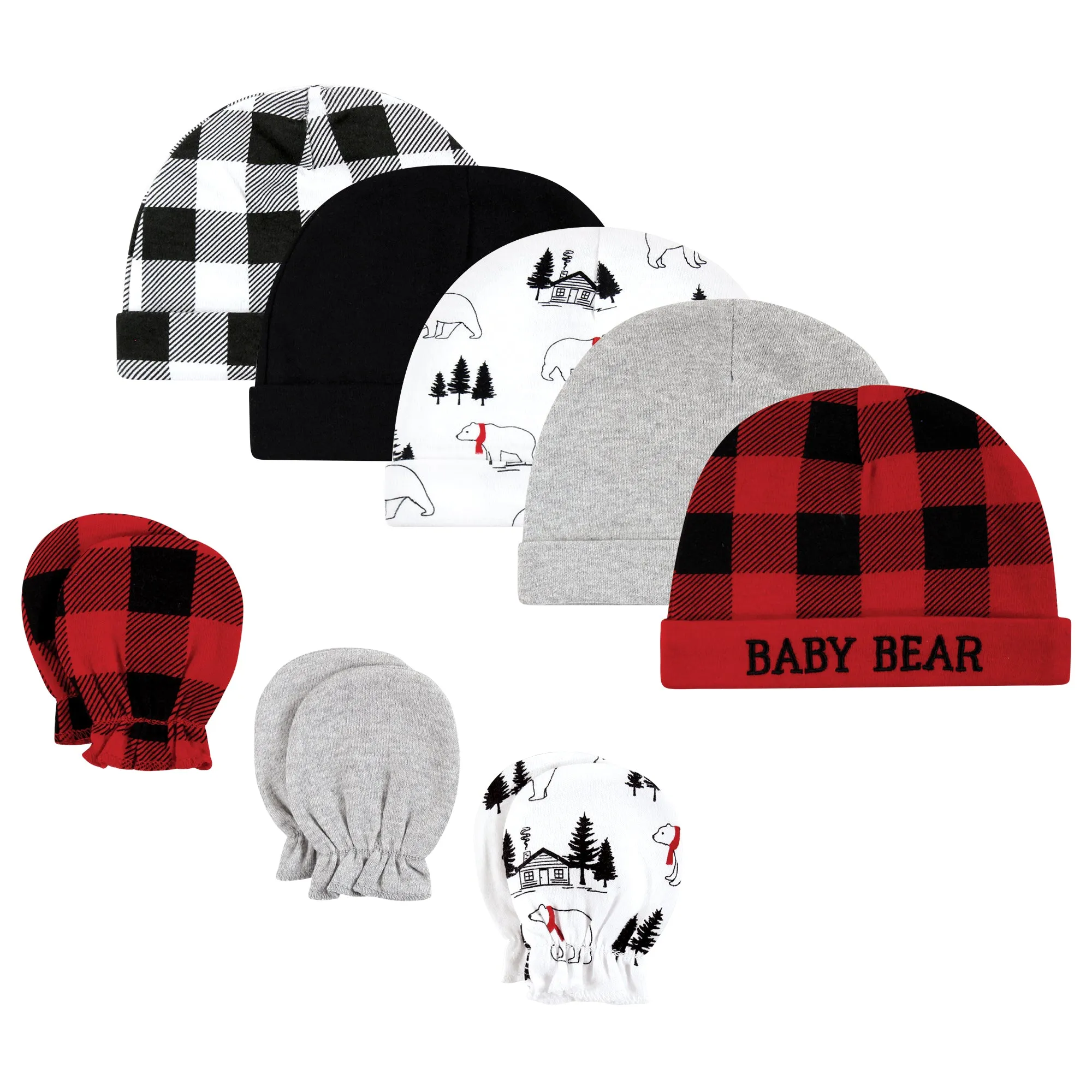 Hudson Baby Cotton Cap and Scratch Mitten Set, Buffalo Plaid Bear