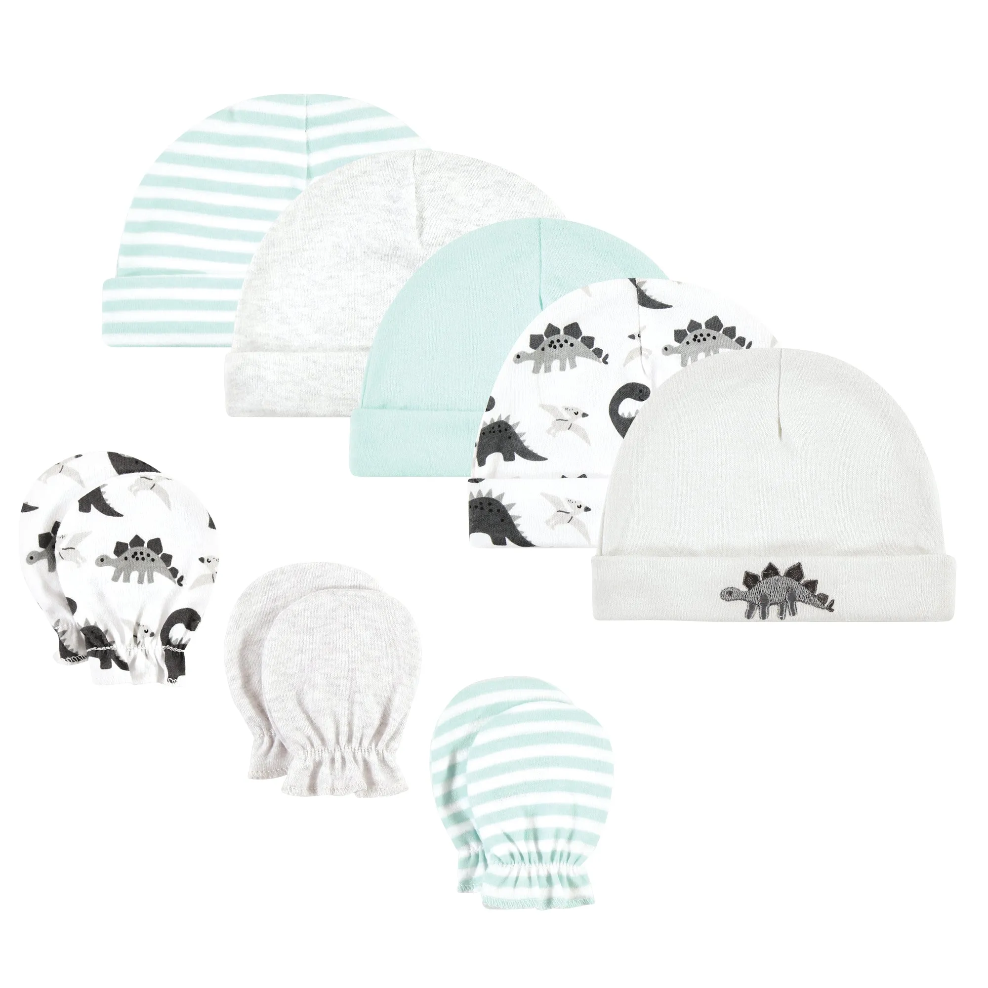 Hudson Baby Cotton Cap and Scratch Mitten Set, Neutral Dino