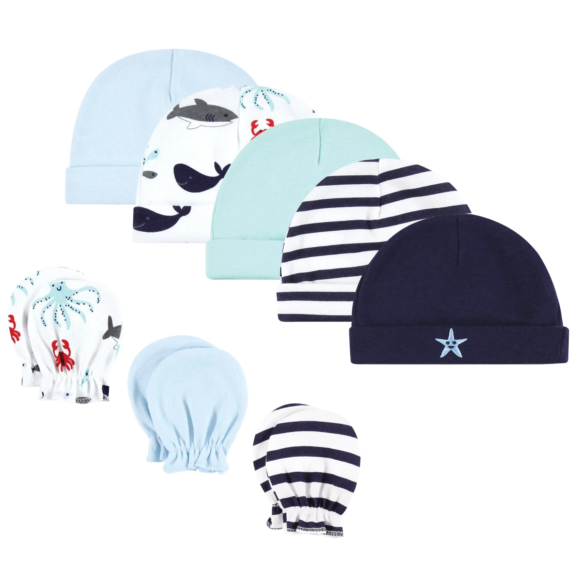 Hudson Baby Cotton Cap and Scratch Mitten Set, Ocean Friends