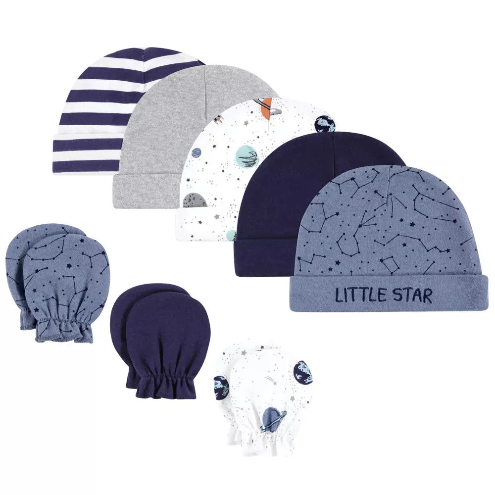 Hudson Baby Infant Boy Cotton Cap and Scratch Mitten Set, Space, 0-6 Months