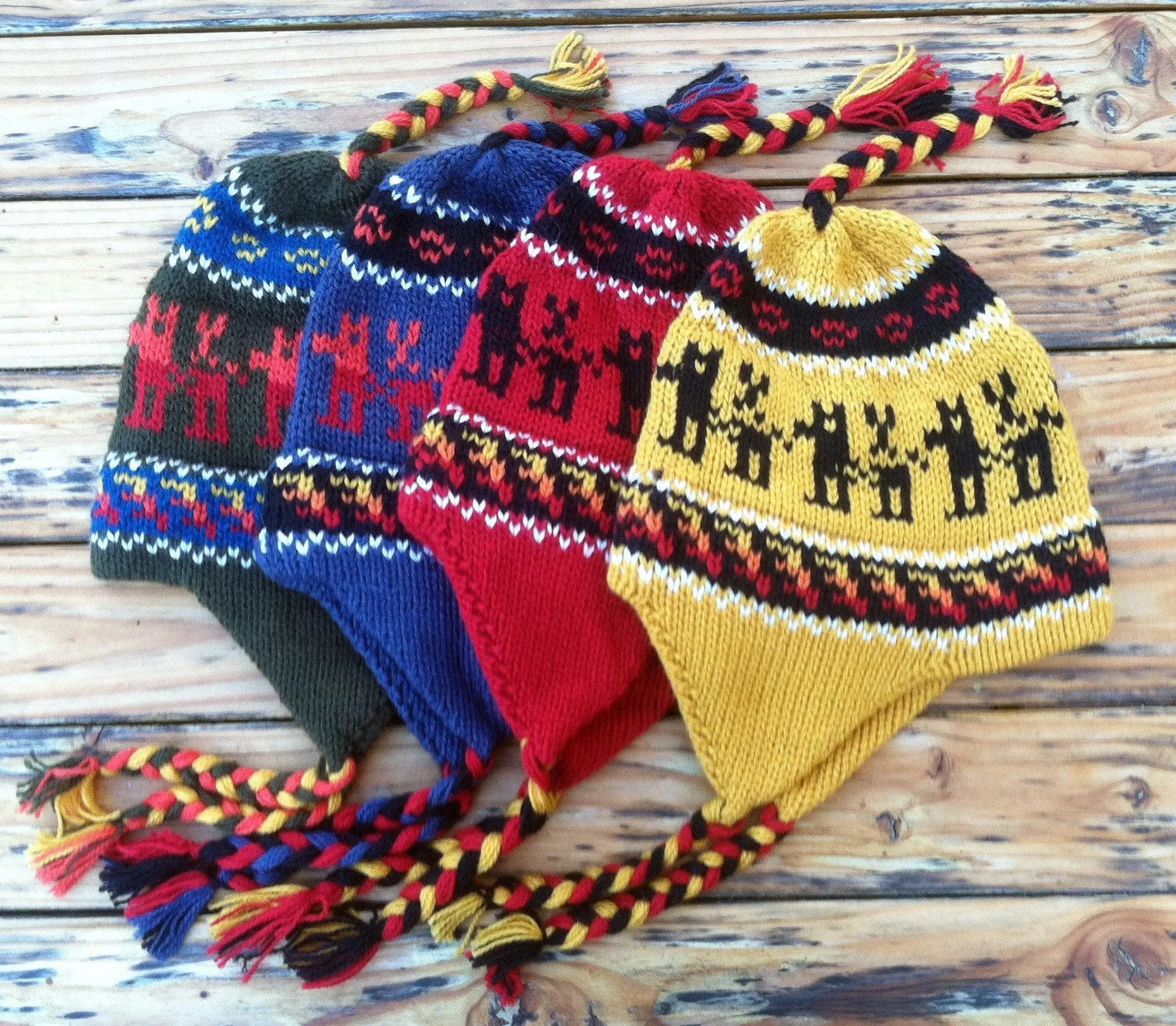 Knit alpaca Chullos with Braids - Colorful