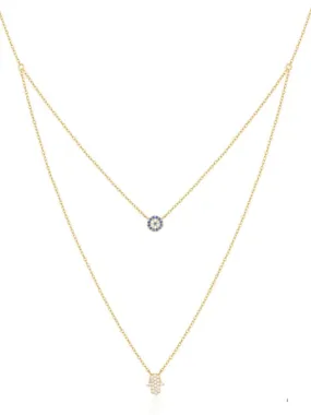 Layered Evil Eye and Hamsa Necklace 18K Gold Plated Sterling Silver 925  Luxury - KESLEY