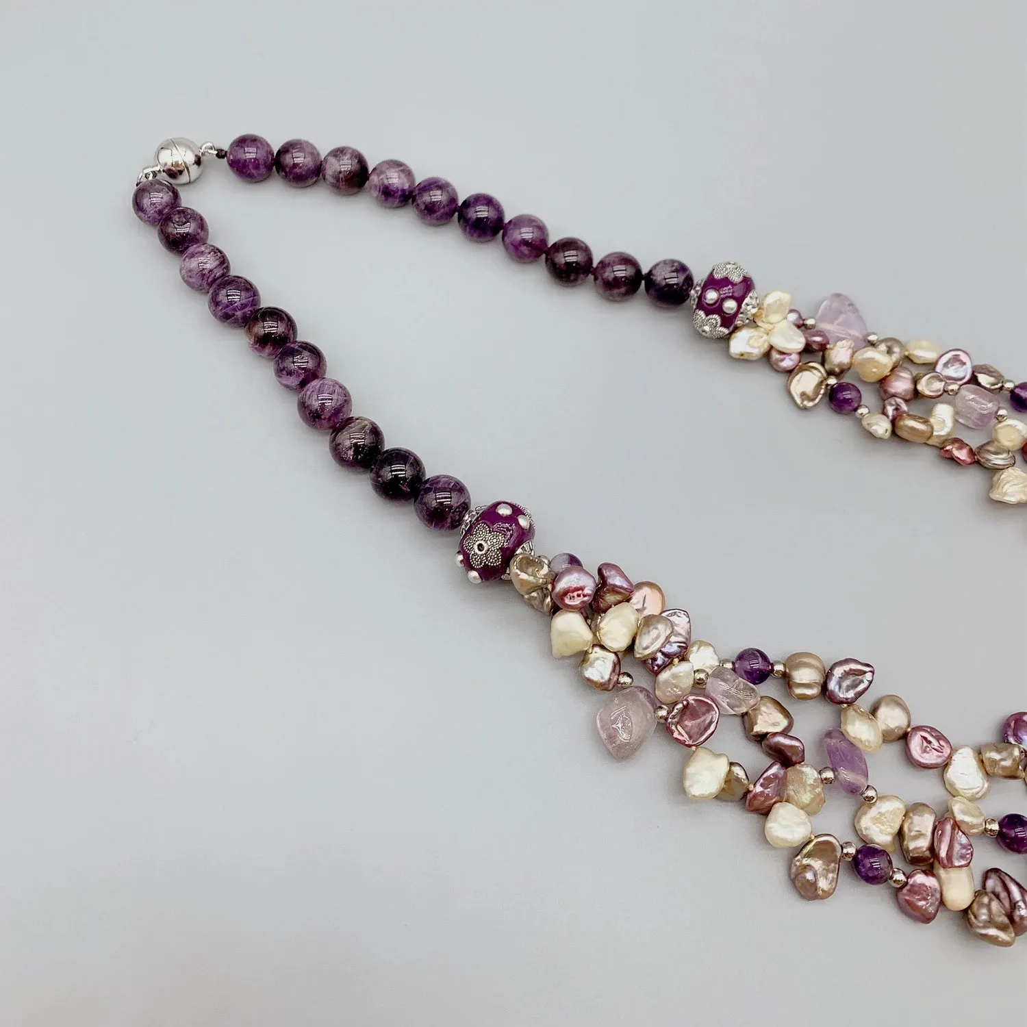 Natural Keshi Pearl & Amethyst Layered Gemstone Necklace