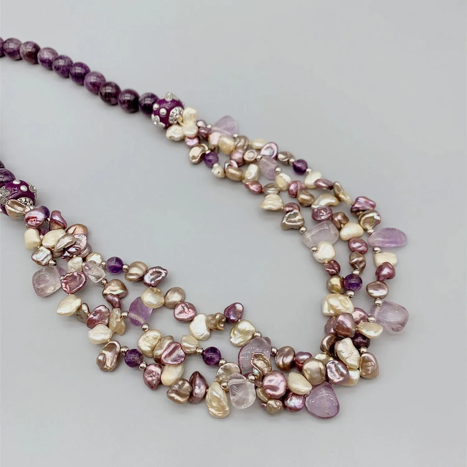 Natural Keshi Pearl & Amethyst Layered Gemstone Necklace