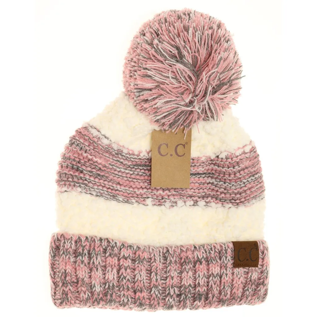 POPCORN HEATHERED KNIT POM BEANIE HAT