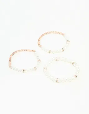 Rose Gold &  Pearl Bracelets Stretch Bracelets 3-Pack